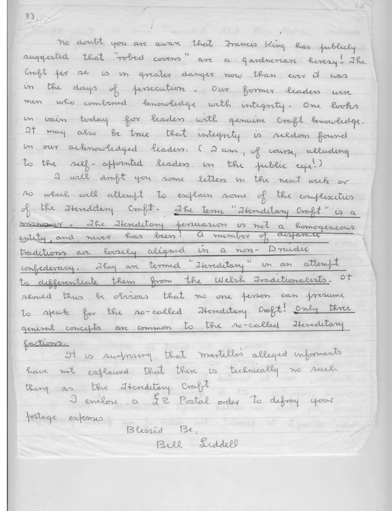 Letter from Bill Liddell to Mike Howard mentioning Bill's Alexandrian status.