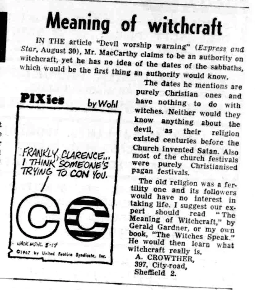 'Meaning of witchcraft', letter from Arnold Crowther, Wolverhampton Express and Star, 14 September 1967