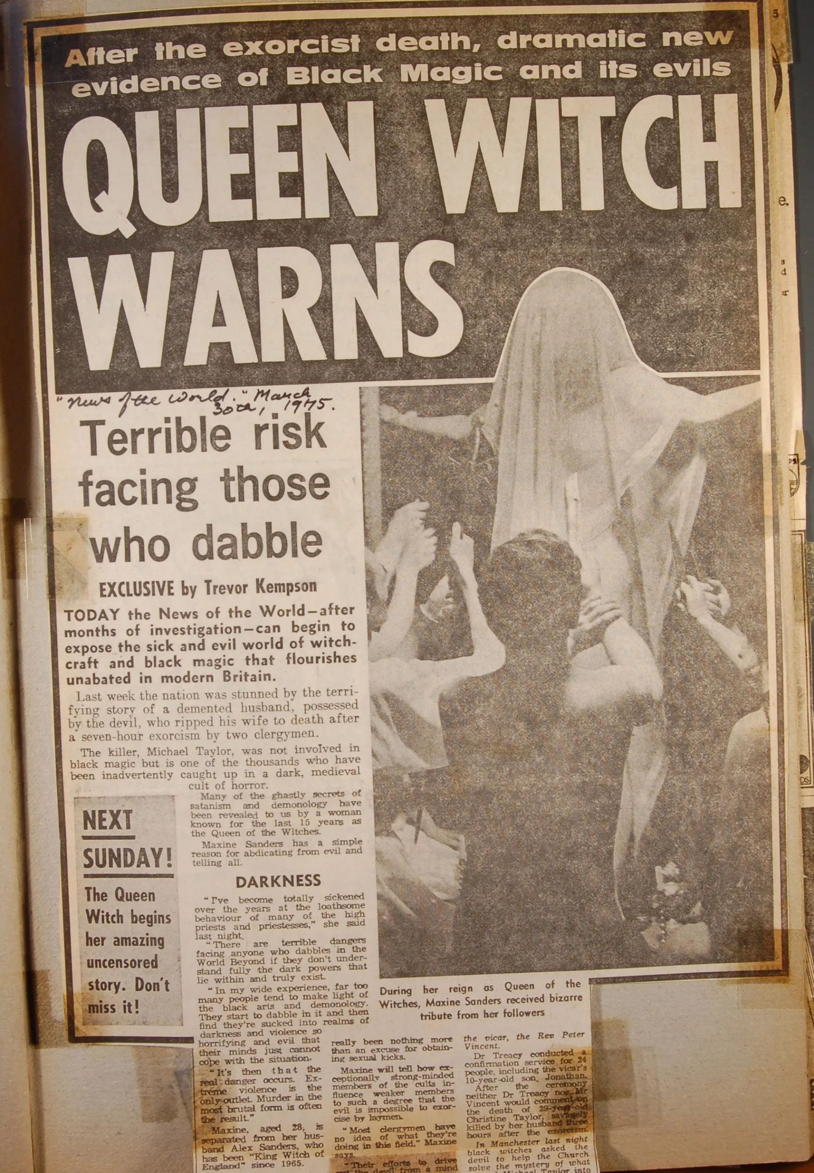 Newspaper article - QUEEN WITCH WARNS