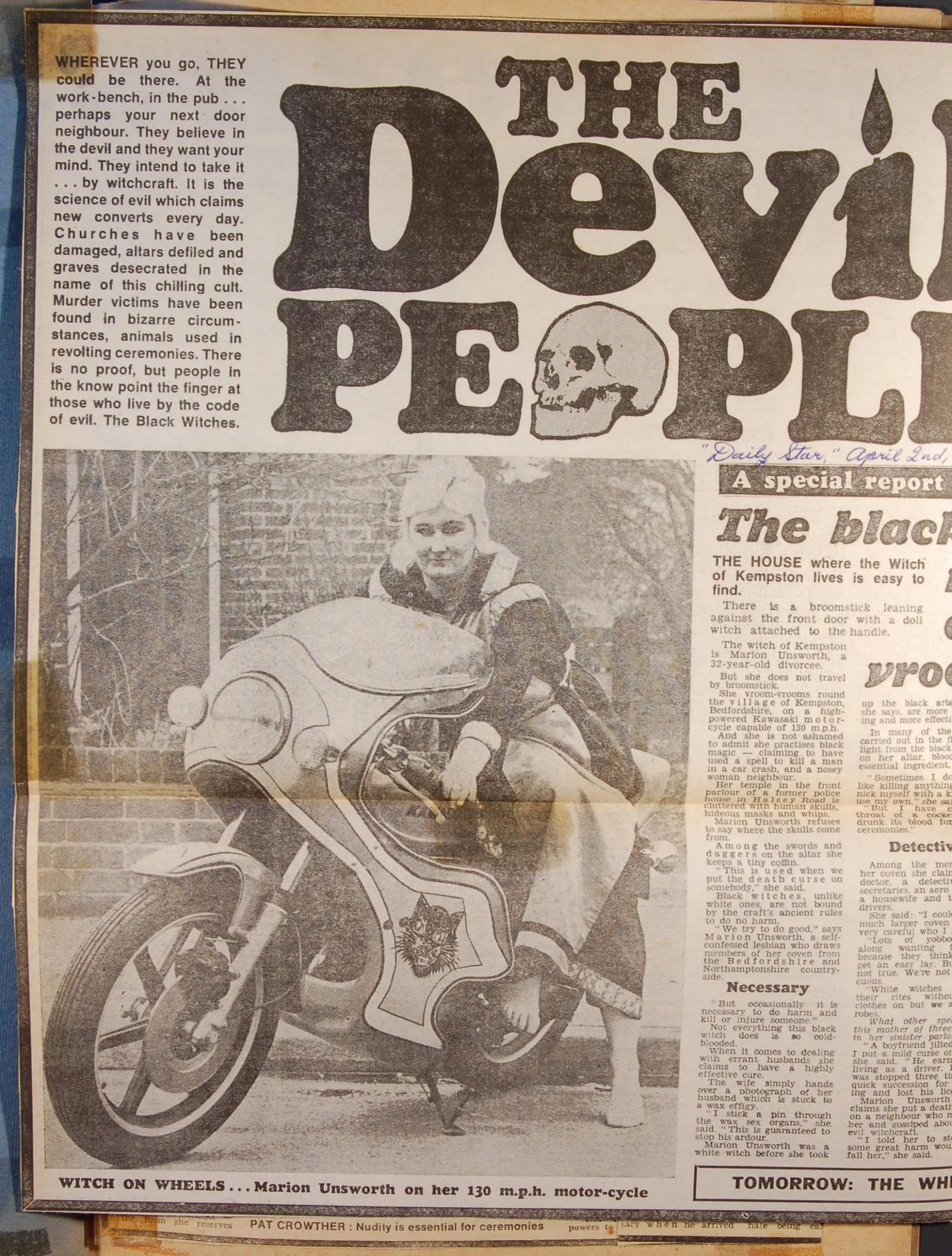 The black witch riding on a vroomstick - 1979 news article