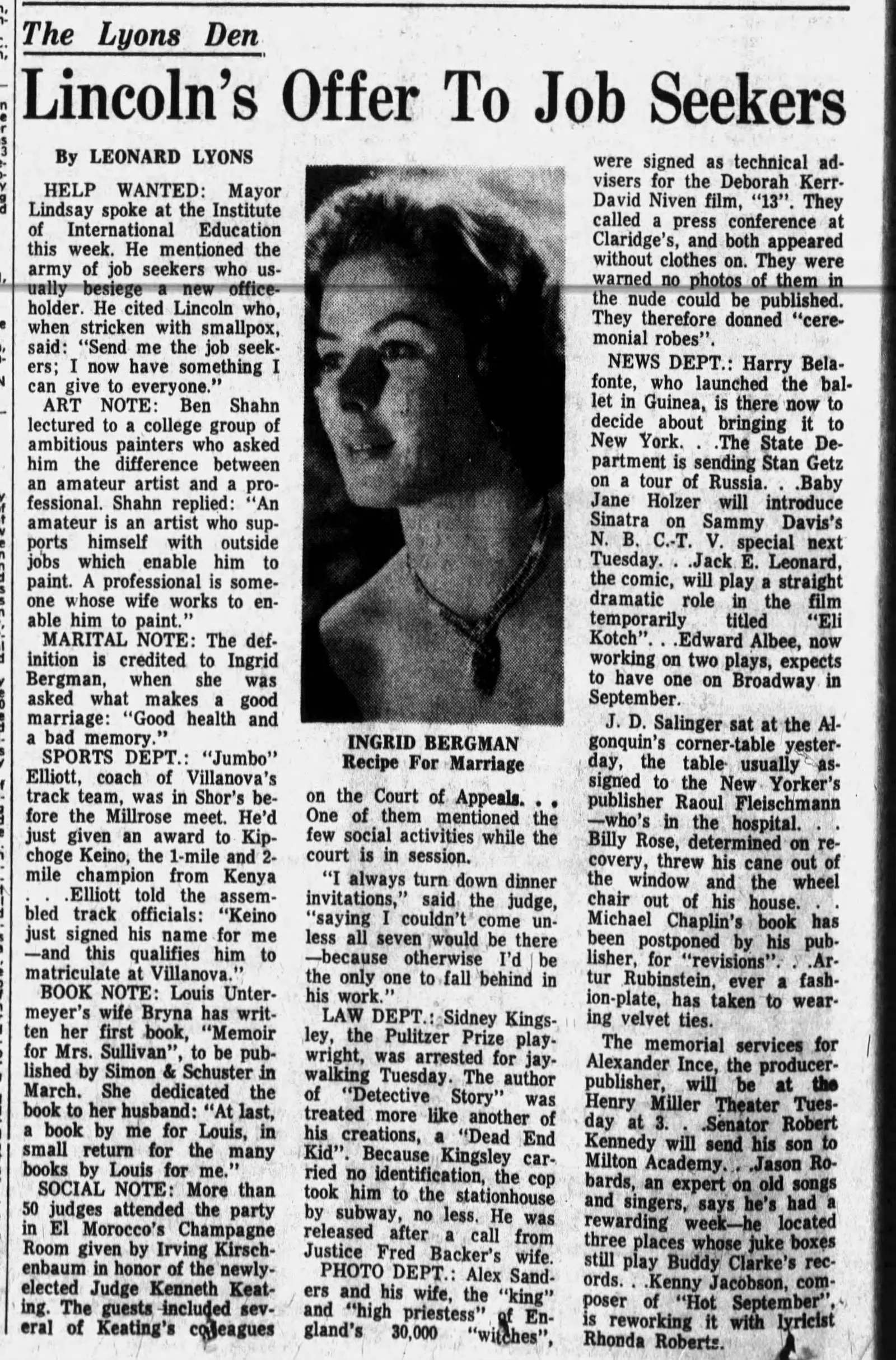 'The Lyons Den', Leonard Lyons, The Morning Call, 29 January 1966