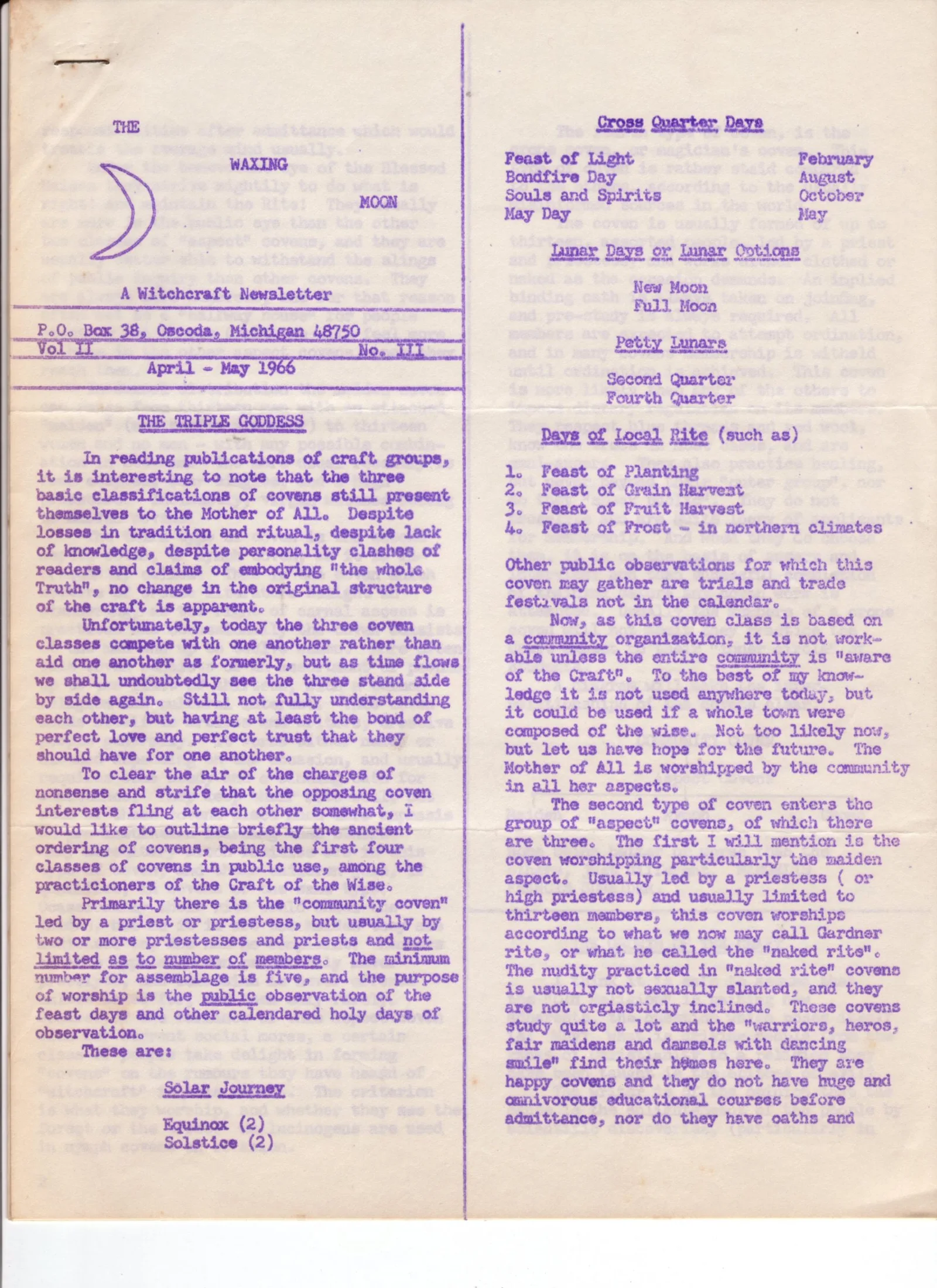 The Waxing Moon Newsletter Vol. II No. III p1,2,3 and 4.