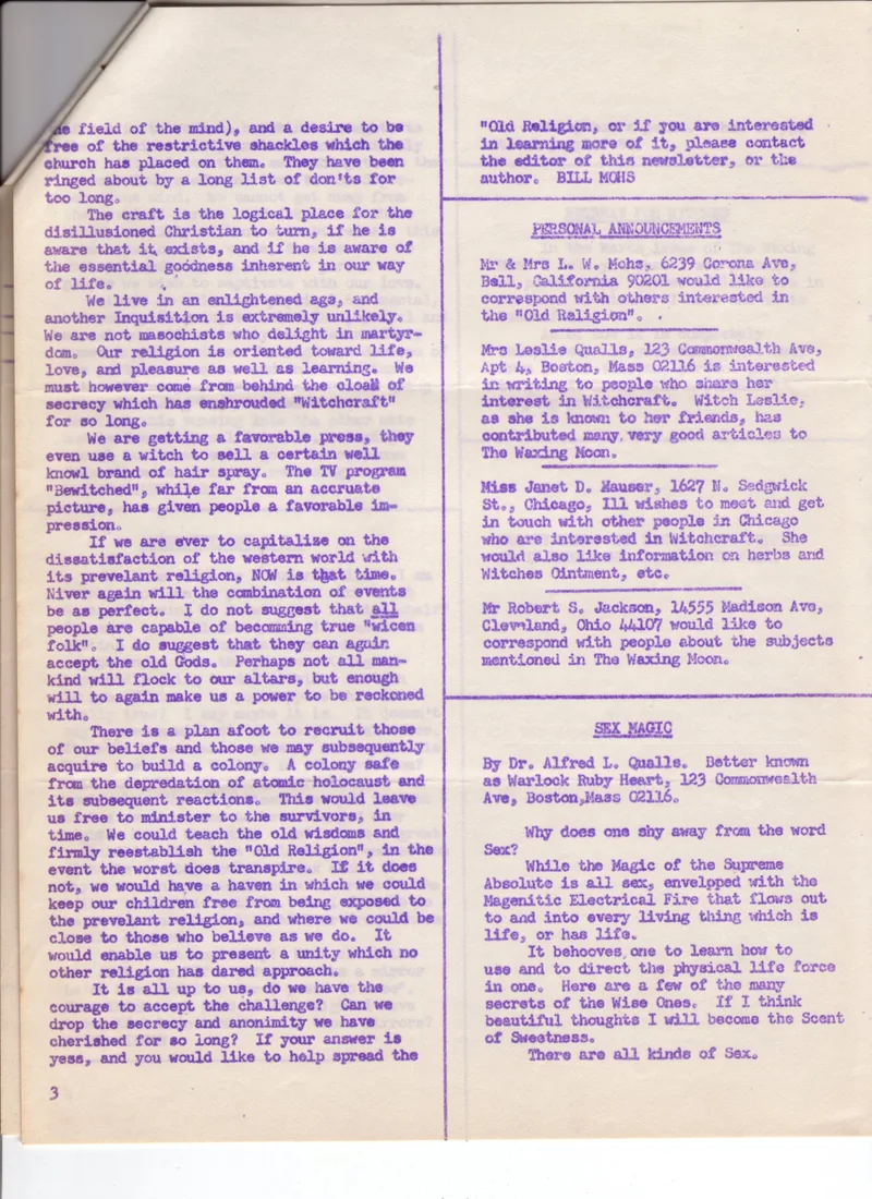 The Waxing Moon Newsletter Vol. II No. III p1,2,3 and 4.