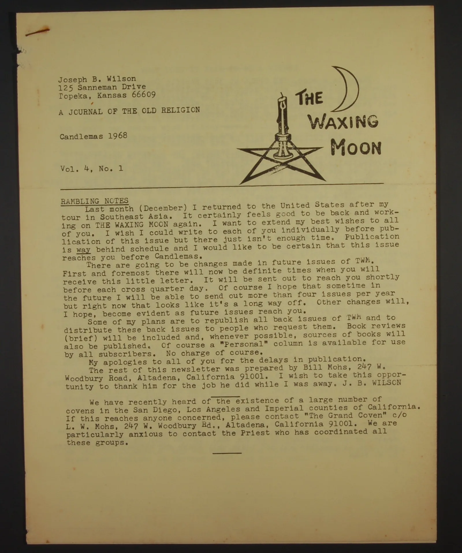 The Waxing Moon Newsletter vol. IV No. I p1,2,3 and 4