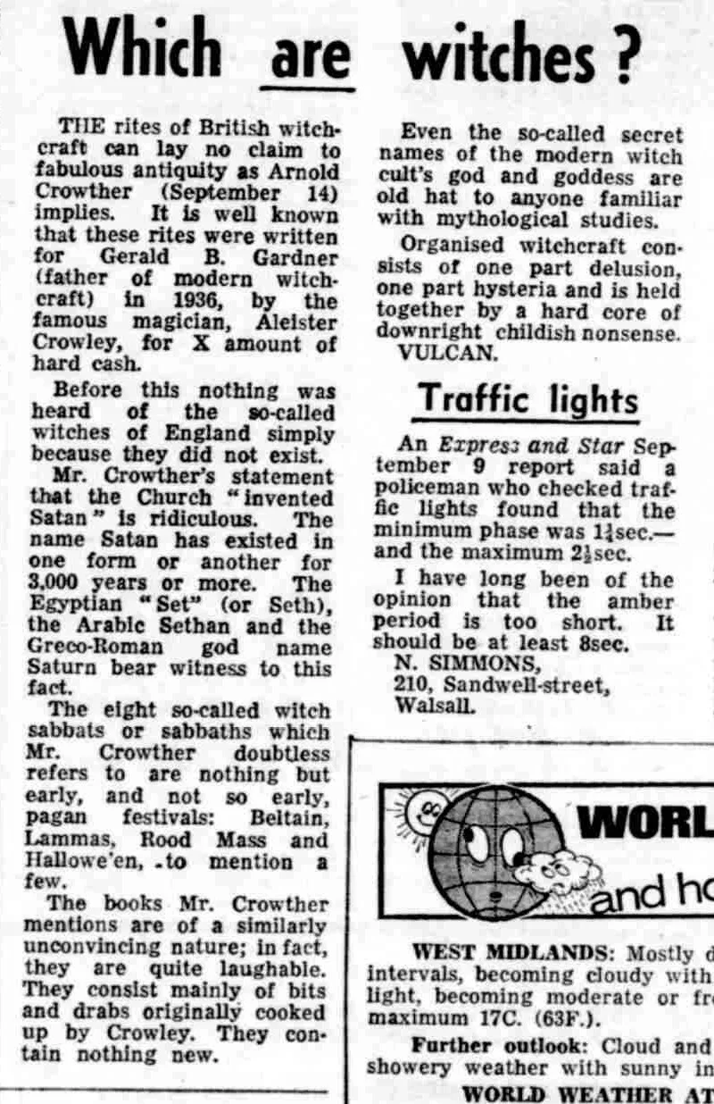 'Which are witches?', letter from Vulcan, Wolverhampton Express and Star, 18 September 1967