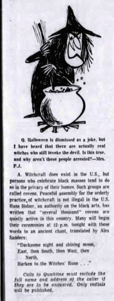 The Witches' Rune quoted in an American reader column, The World-News, 31 October 1969