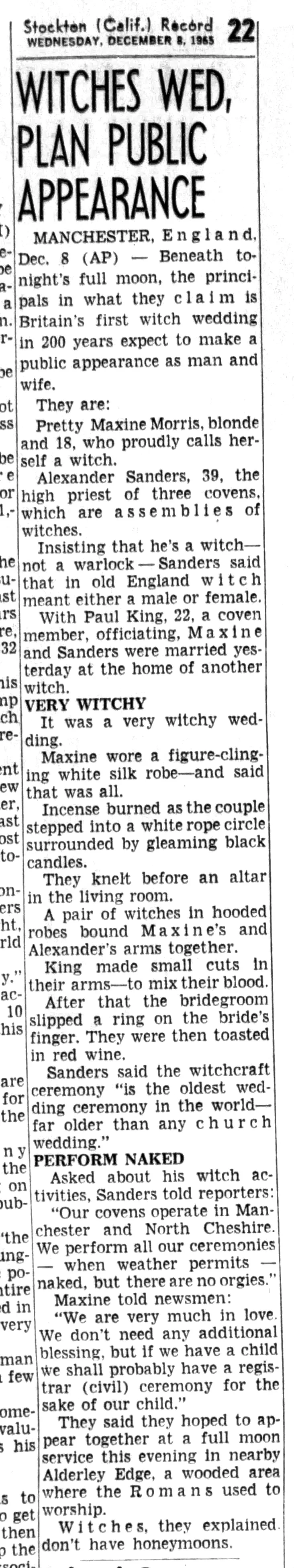 'Witches Wed, Plan Public Appearance', Stockton Evening and Sunday Record, 8 December 1965