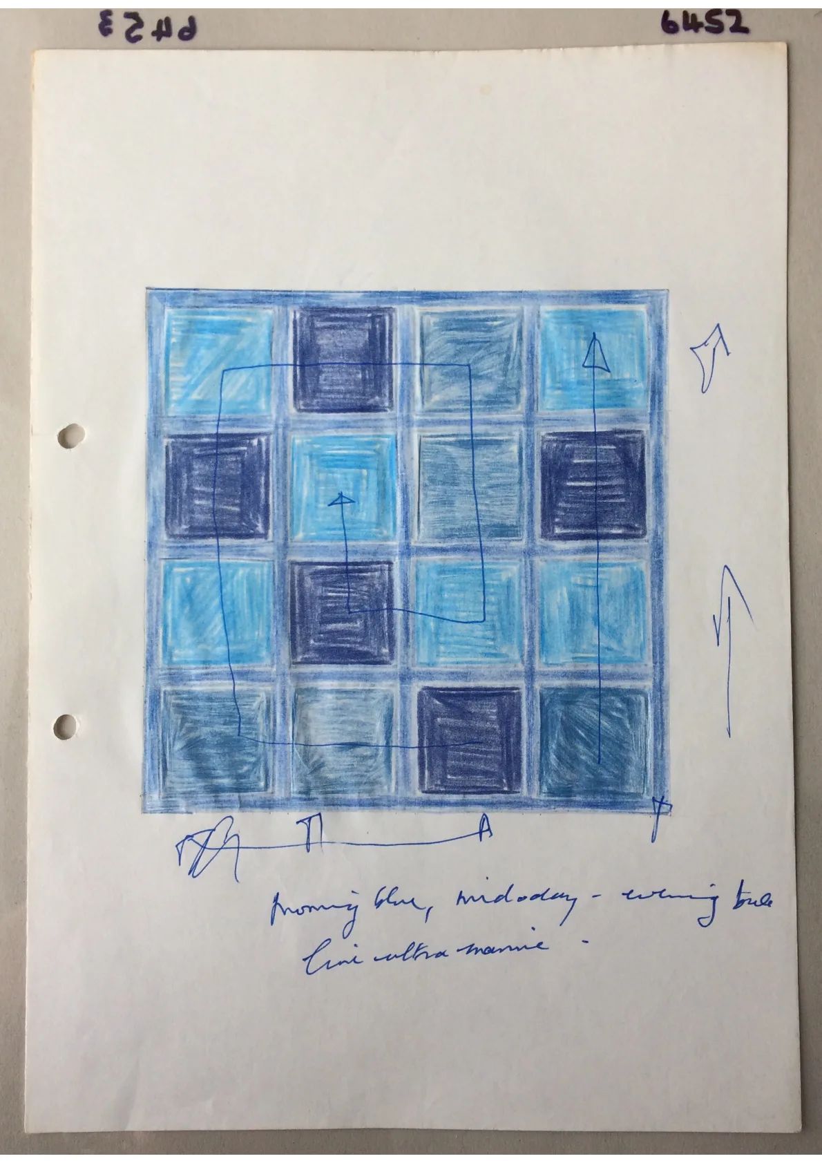 Sketch of blue squares, Undated manuscript
