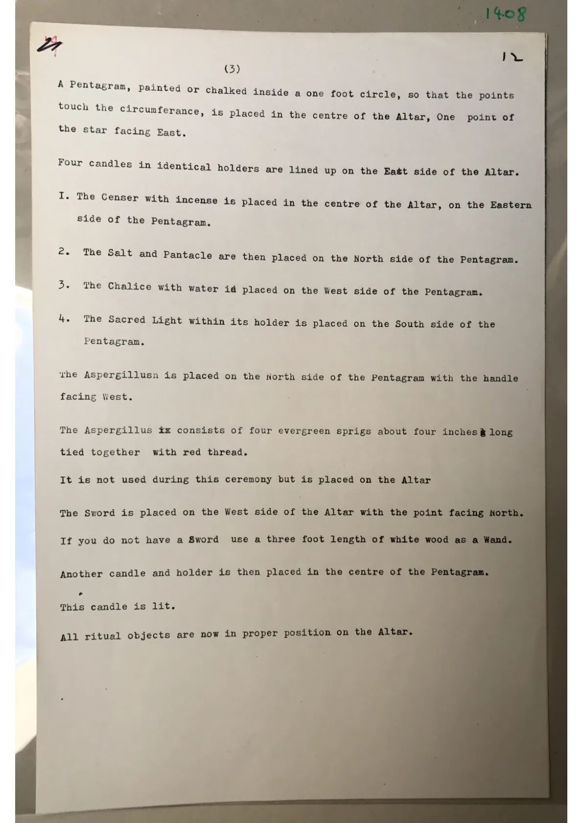 Anonymous, "[Arranging the altar and tools]." Page 12 of undated typescript from a Book of Shadows