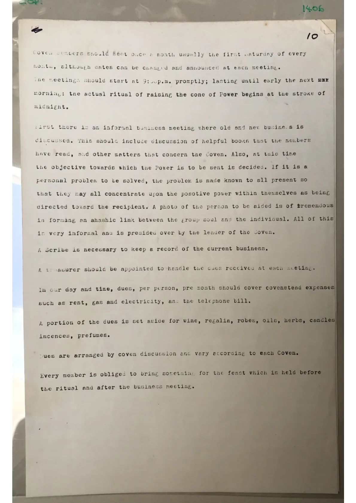 Anonymous, "[Record keeping at coven meetings]." Page 10 of undated typescript from a Book of Shadows