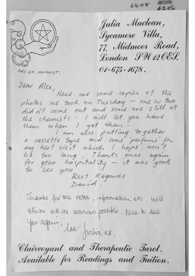 Letter to Alex Sanders - Clairvoyant and Therapeutic Tarot
