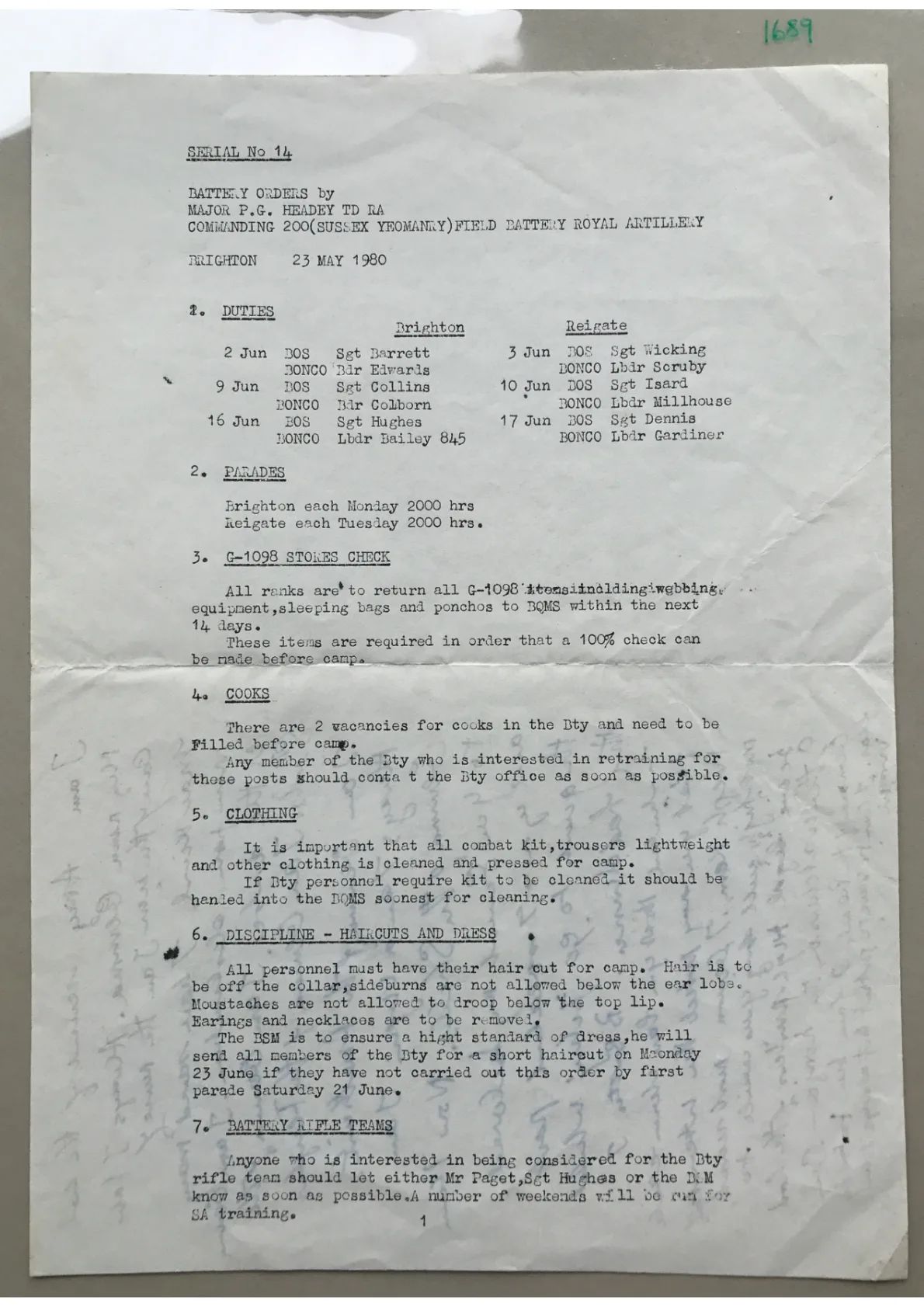 Document 1689: Battery Orders - Handwritten notes