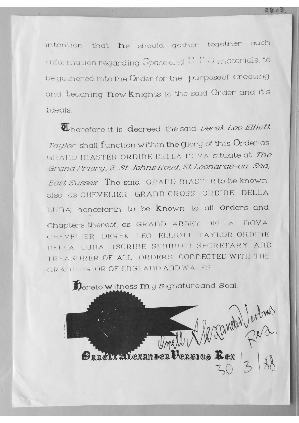 Document bestowing various grades upon Derek Taylor within the Ordine Della Nova.