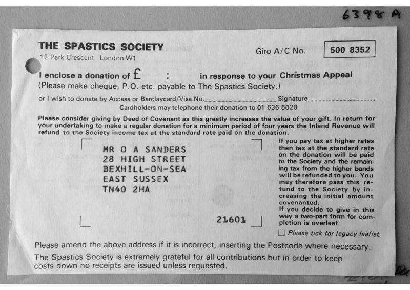 Donation form to The Spastics Society