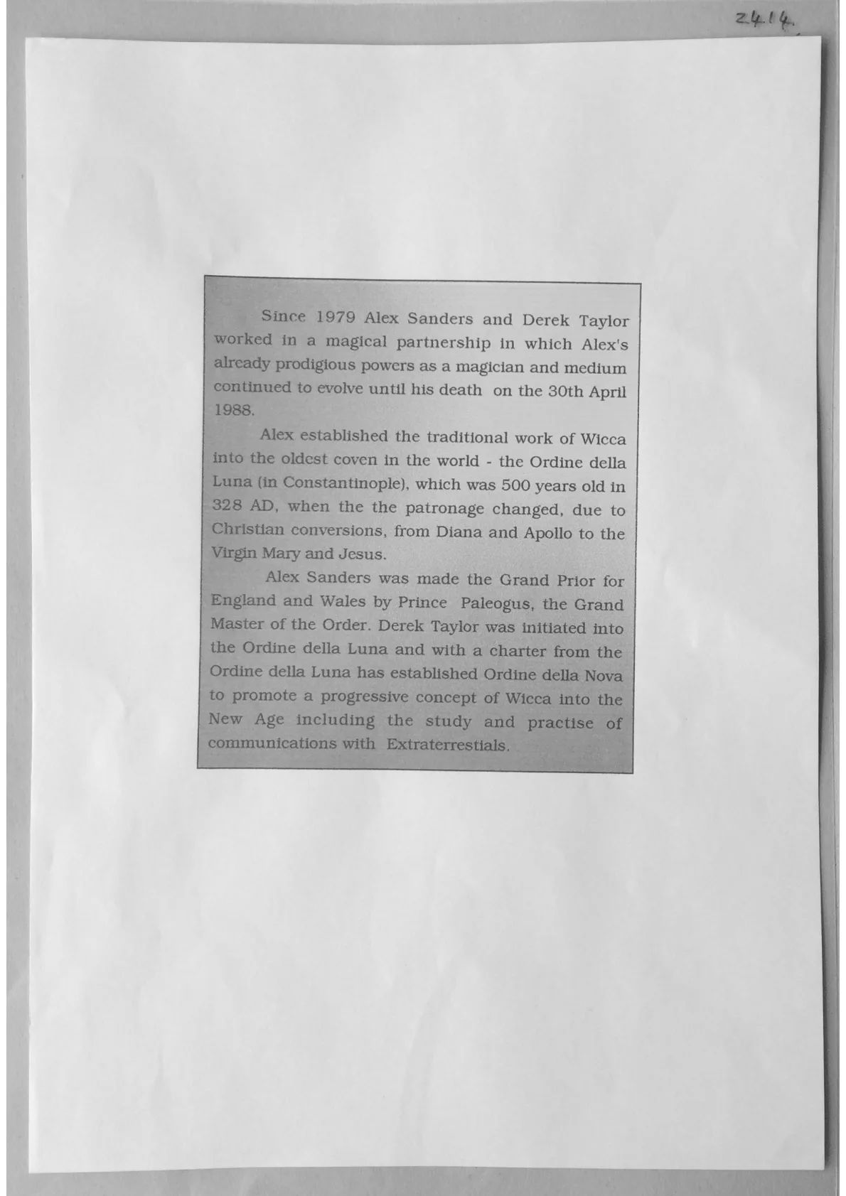 Flyer explaining the relationship between Alex Sanders, Derek Taylor and the Ordine Della Luna