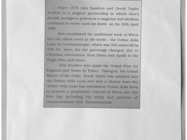 Flyer explaining the relationship between Alex Sanders, Derek Taylor and the Ordine Della Luna