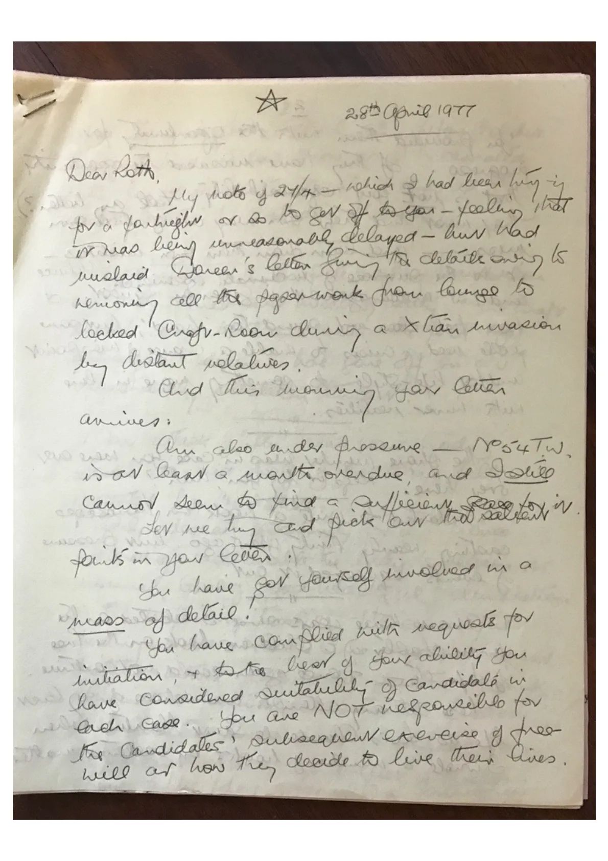 Handwitten letter to Roth from John Score 'M'