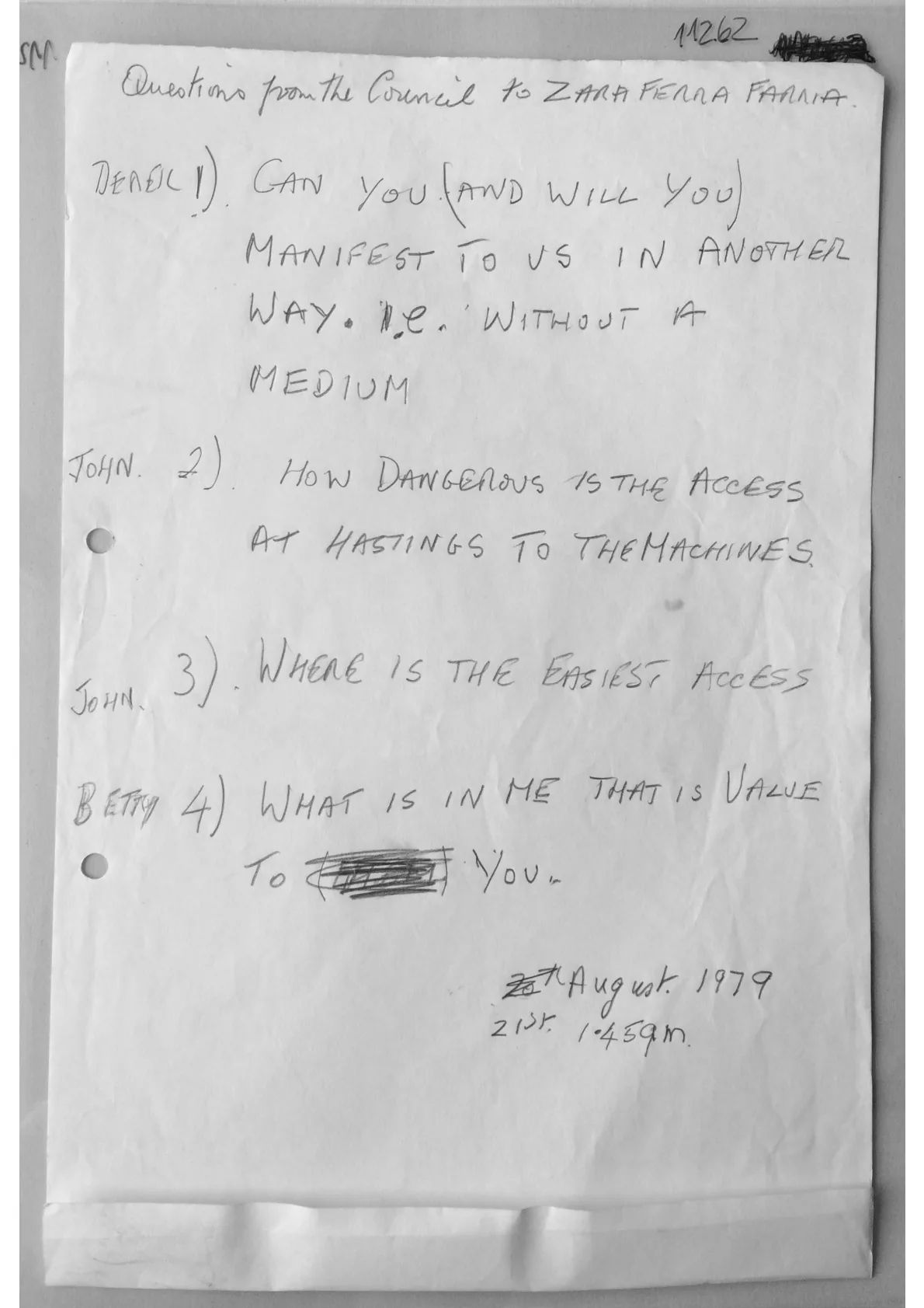 Handwritten document; "Questions from the council to Zara Ferra Farria"