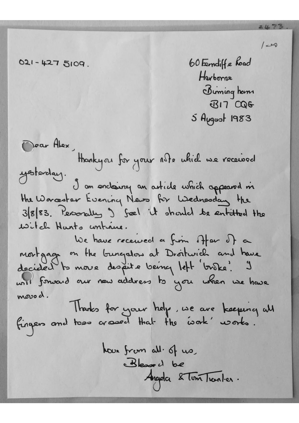 Handwritten letter from Angela and Tom Tranter to Alex, document 2473