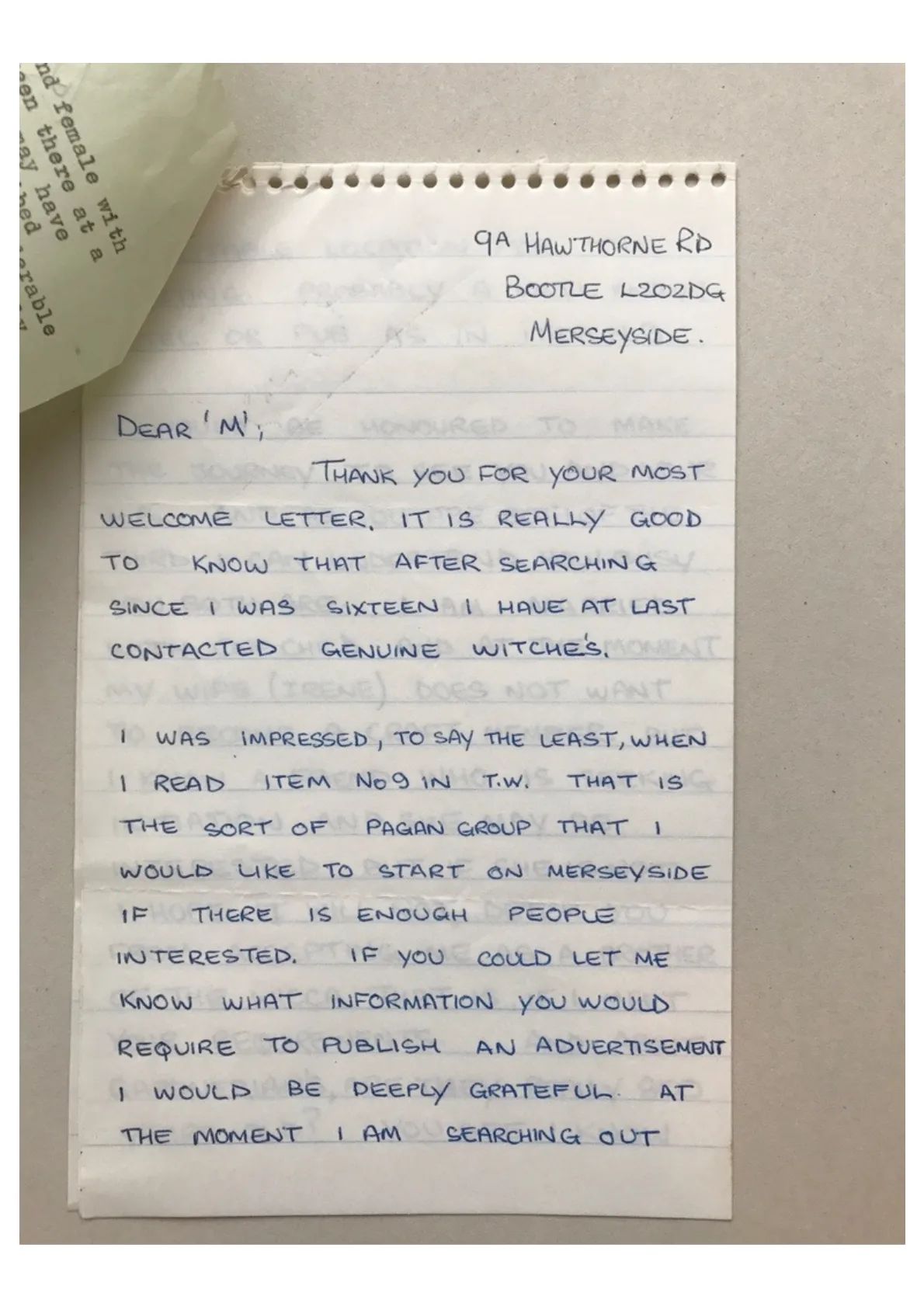 Handwritten letter from E.C.Lawson to 'M'