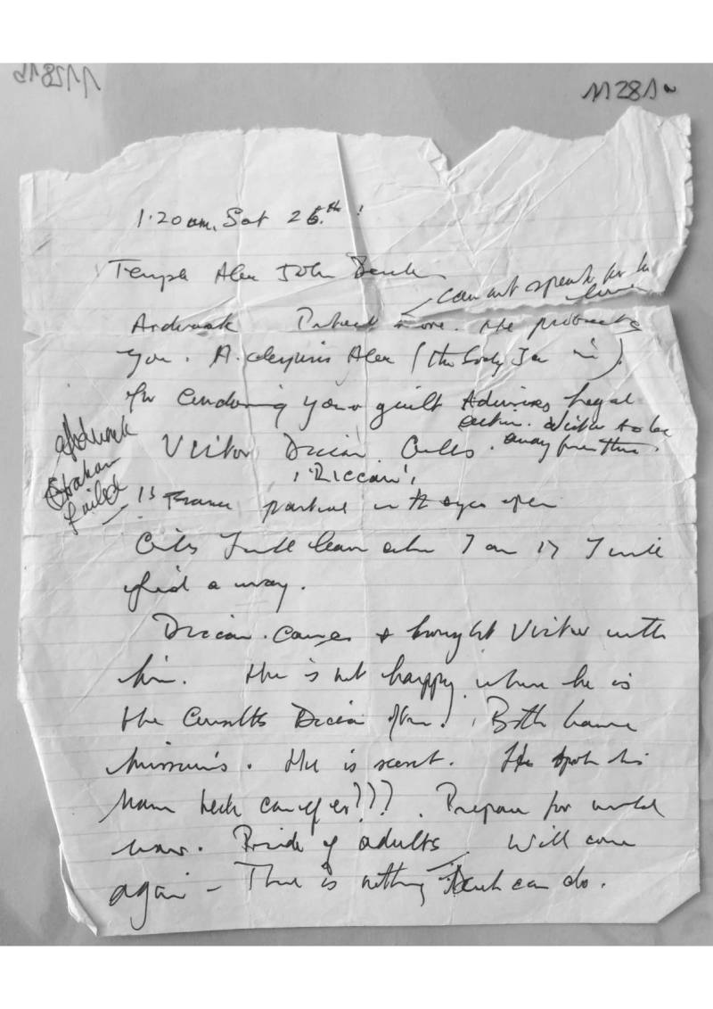 Handwritten notes - Alex, John and others in the Temple, document 11281 a/b