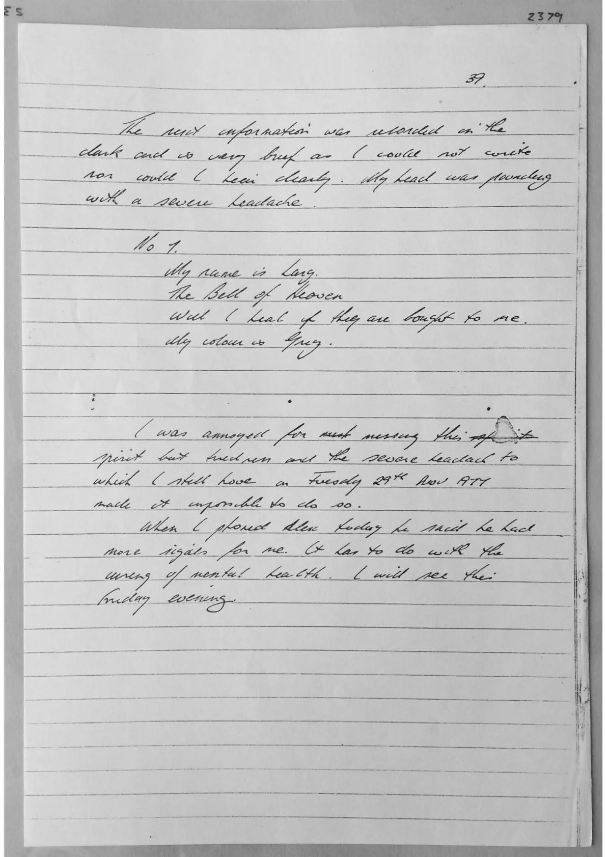 Handwritten notes "My name is Lang" Document 2379