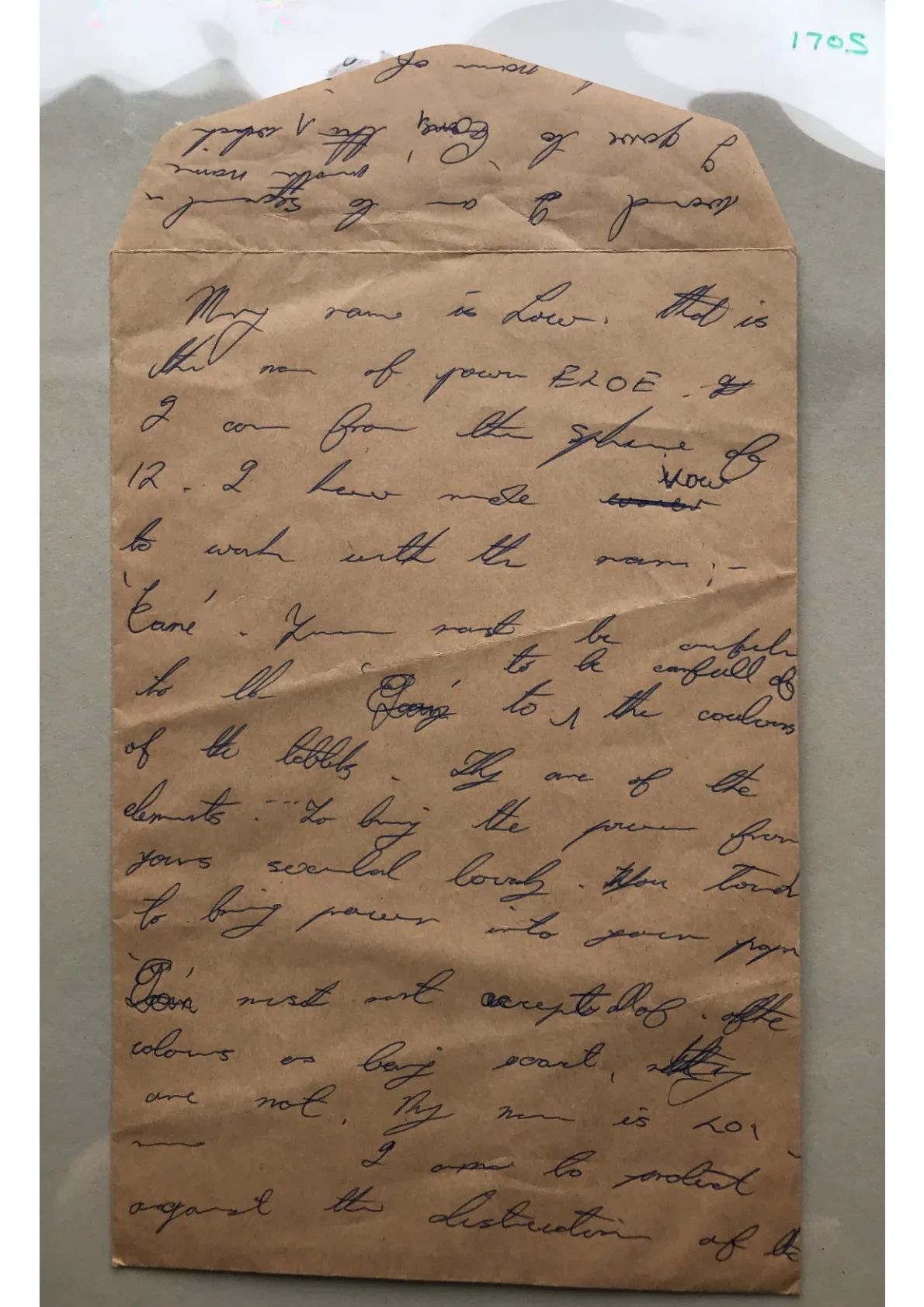 Handwritten notes on envelope, Document 1705