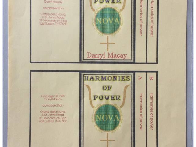 Harmonies of Power tape box art by Darryl Macay.