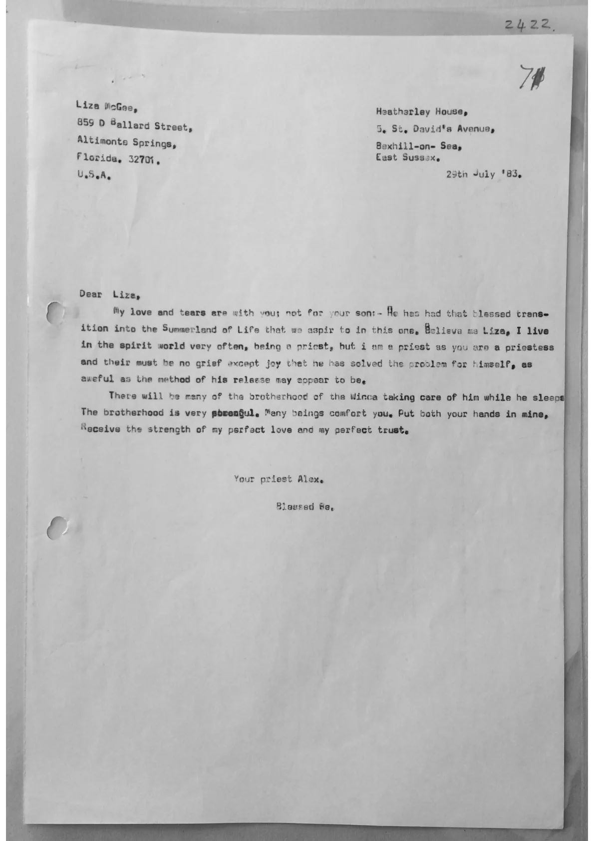 Letter from Alex replying to Liza McGee, document 2422