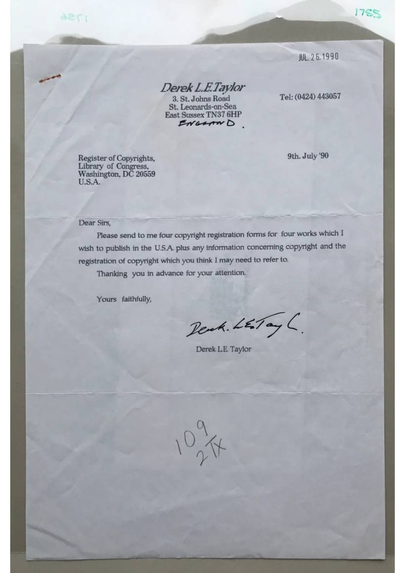 Letter from Derek Taylor to the Register of Copyrights, document 1755, 1756
