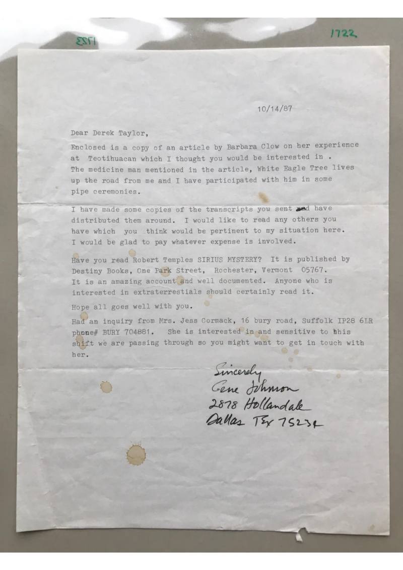 Letter from Gene Johnson to Derek Taylor