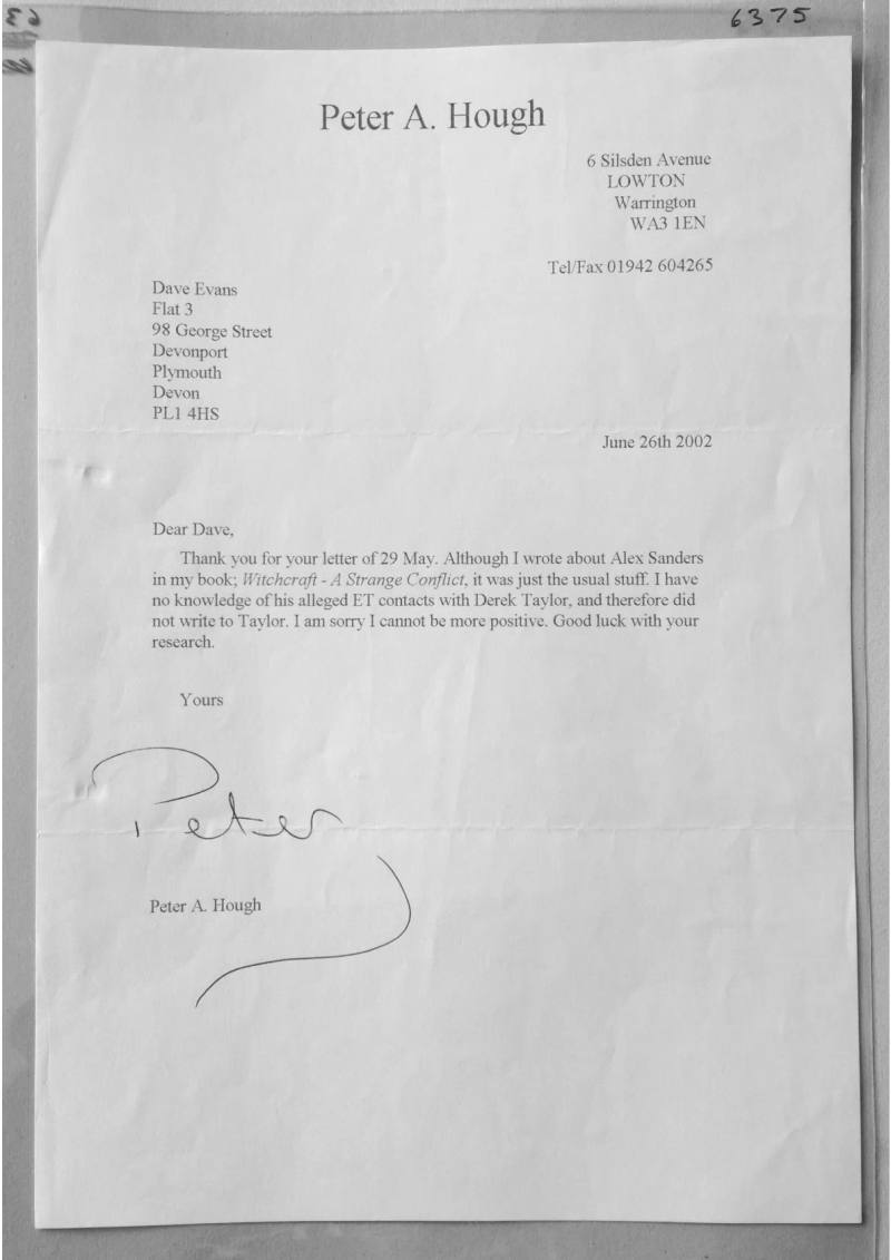 Letter from Peter Hough to Dave Evans