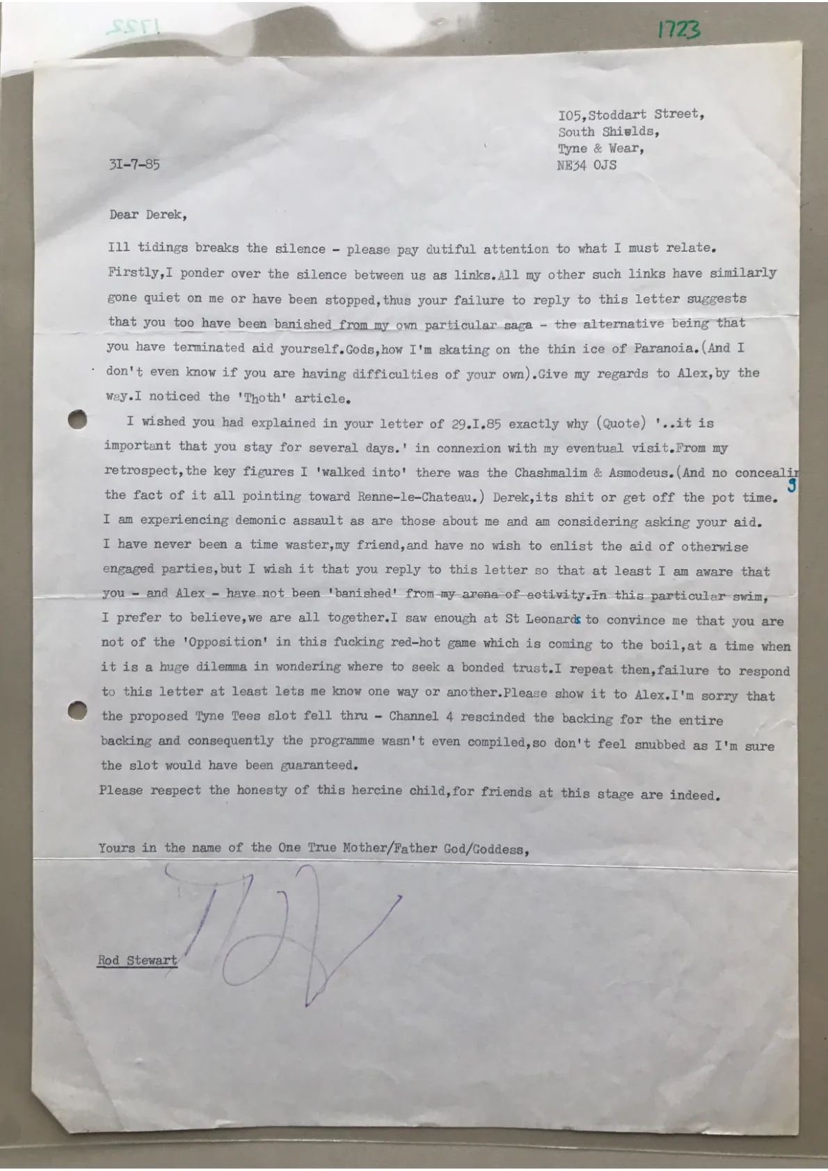 Letter from Rod Stewart to Derek Taylor