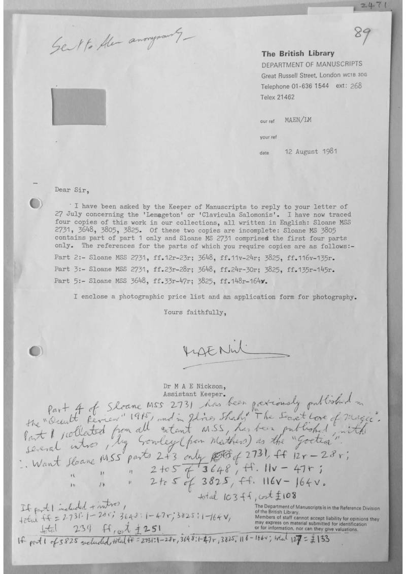 Letter sent to Alex Sanders from The British Library. Doc 2471