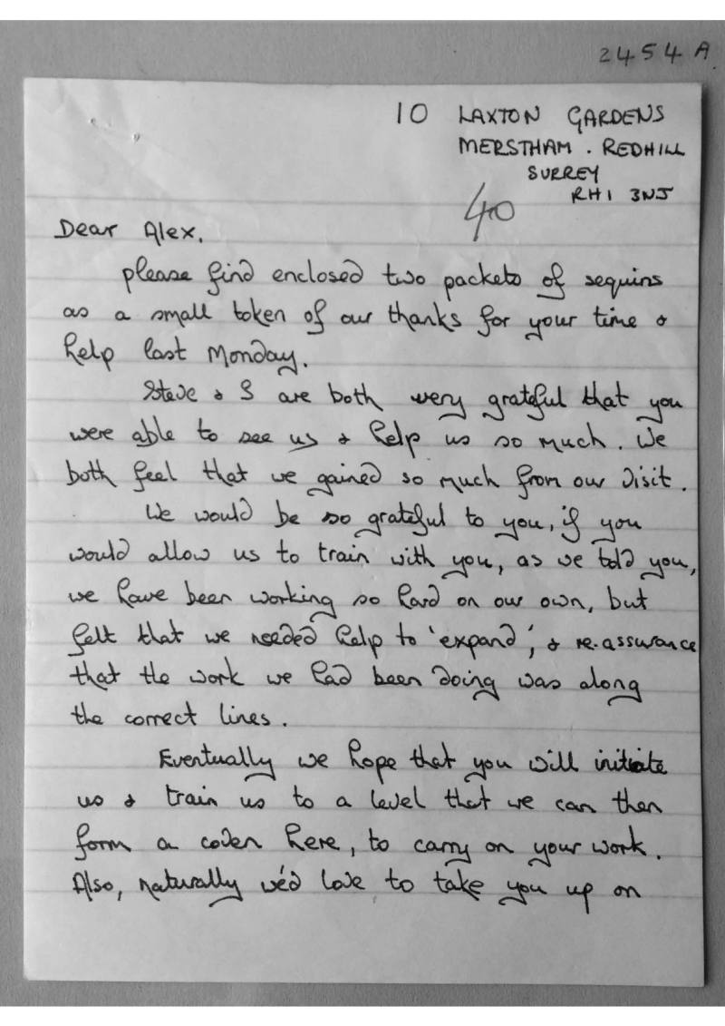 Letter of thanks to Alex from Lynne & Steve. Doc 2454a-b
