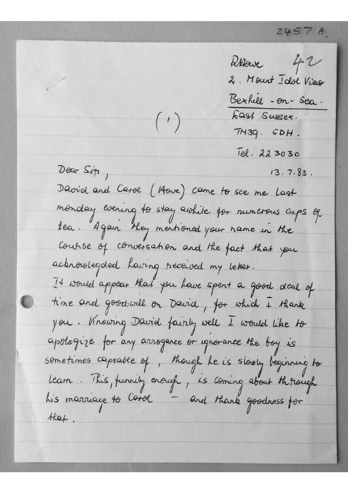Letter to Alex from Rosemarie Howe, document 2457 a/b