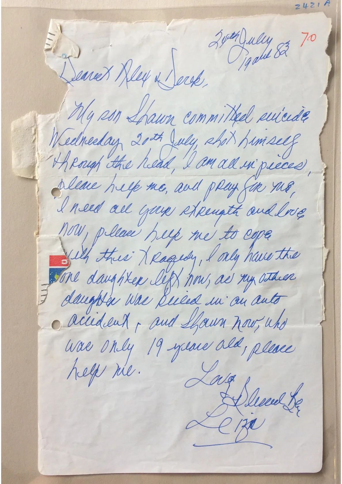 Letter to Alex Sanders from Liza McGee, document 2421 a/b