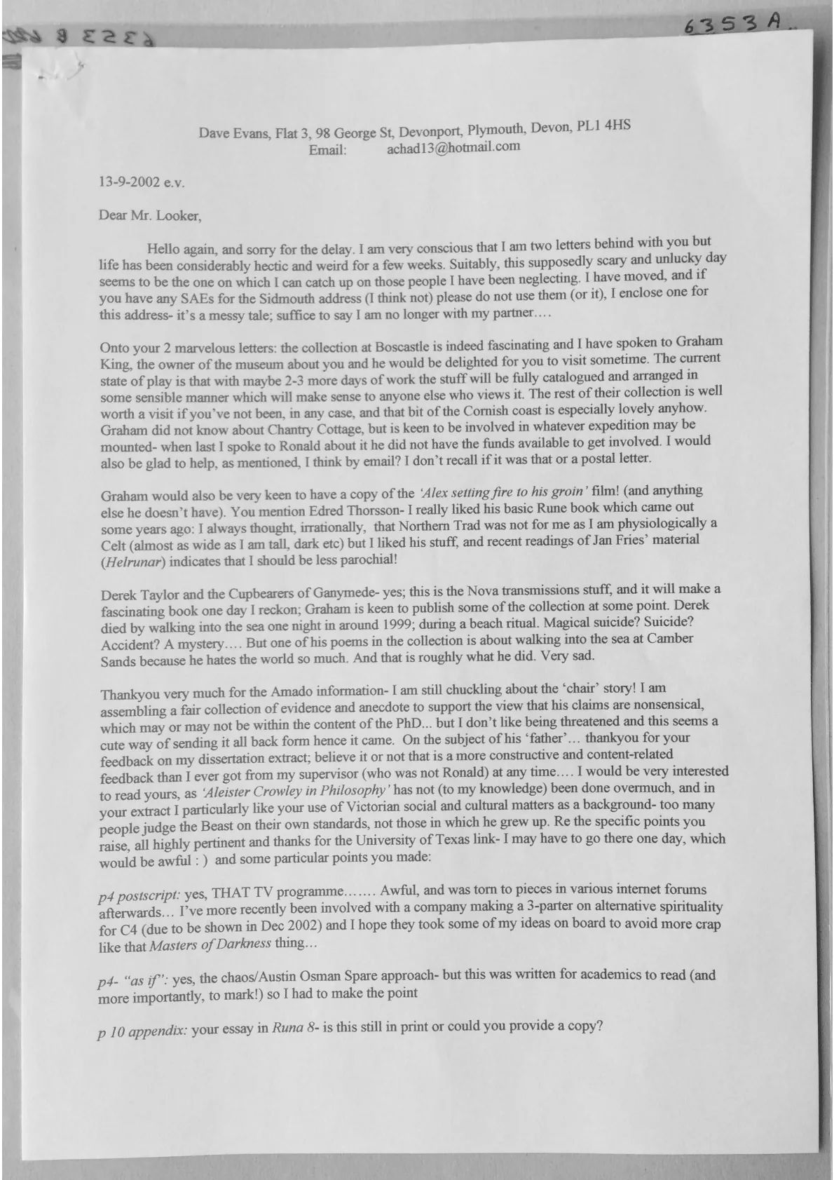 Letter to Anthony Looker from David Evans. Document  6353a-b