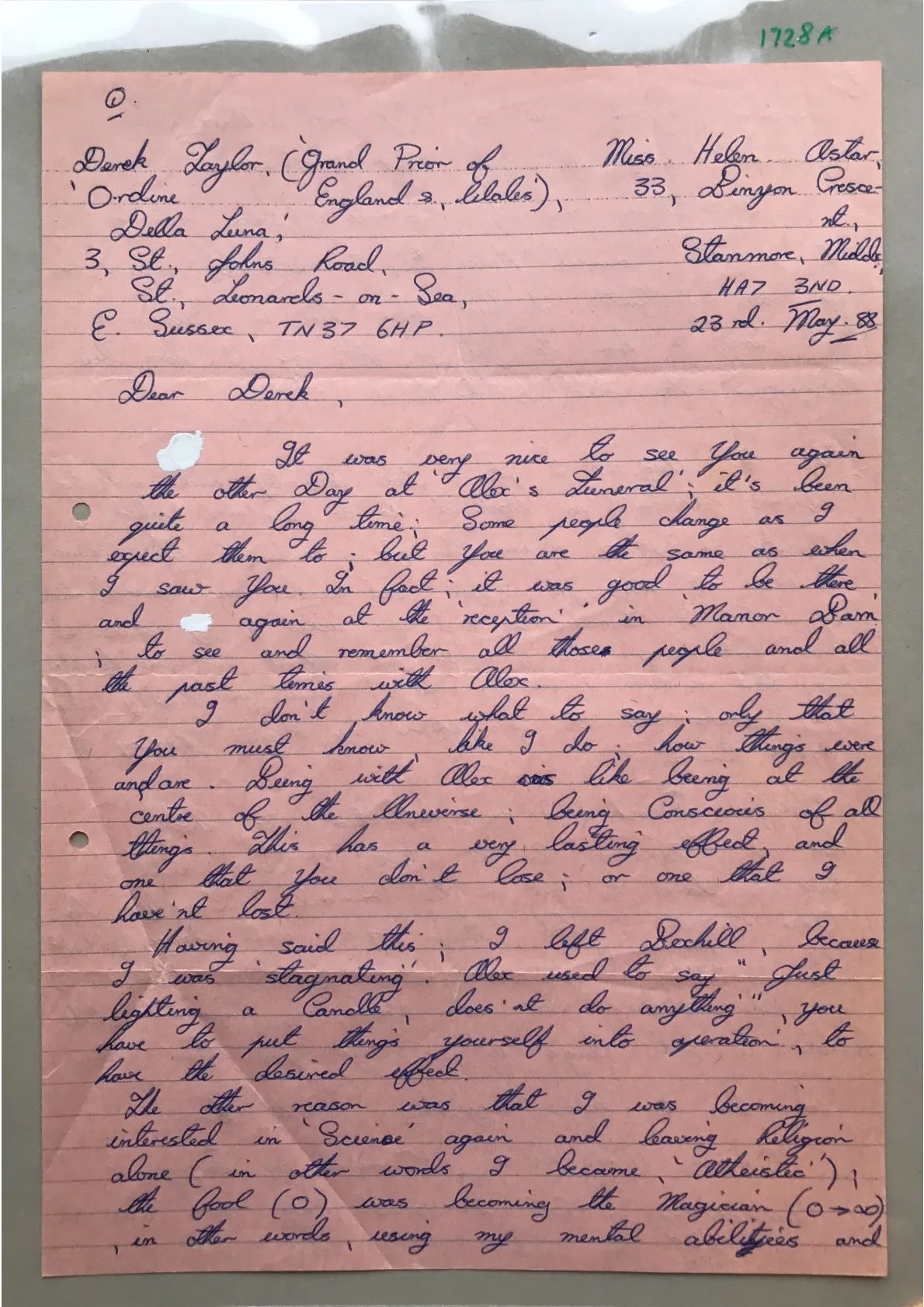 Letter to Derek Taylor from "Helen"