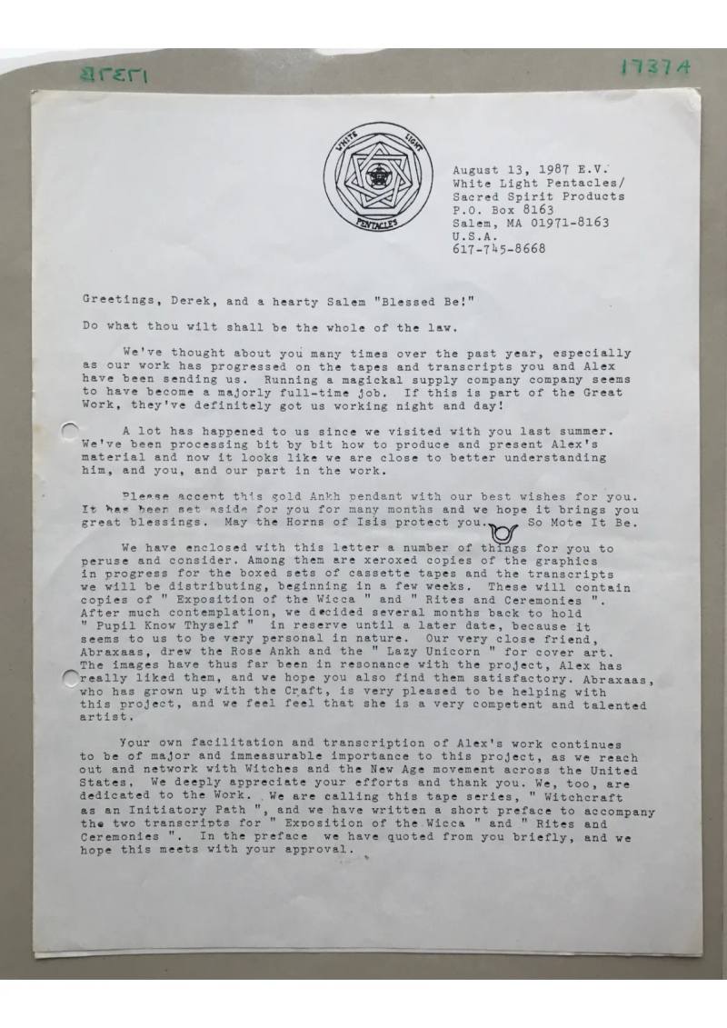 Letter to Derek Taylor from 'White Light Pentacles' Doc. 1737a