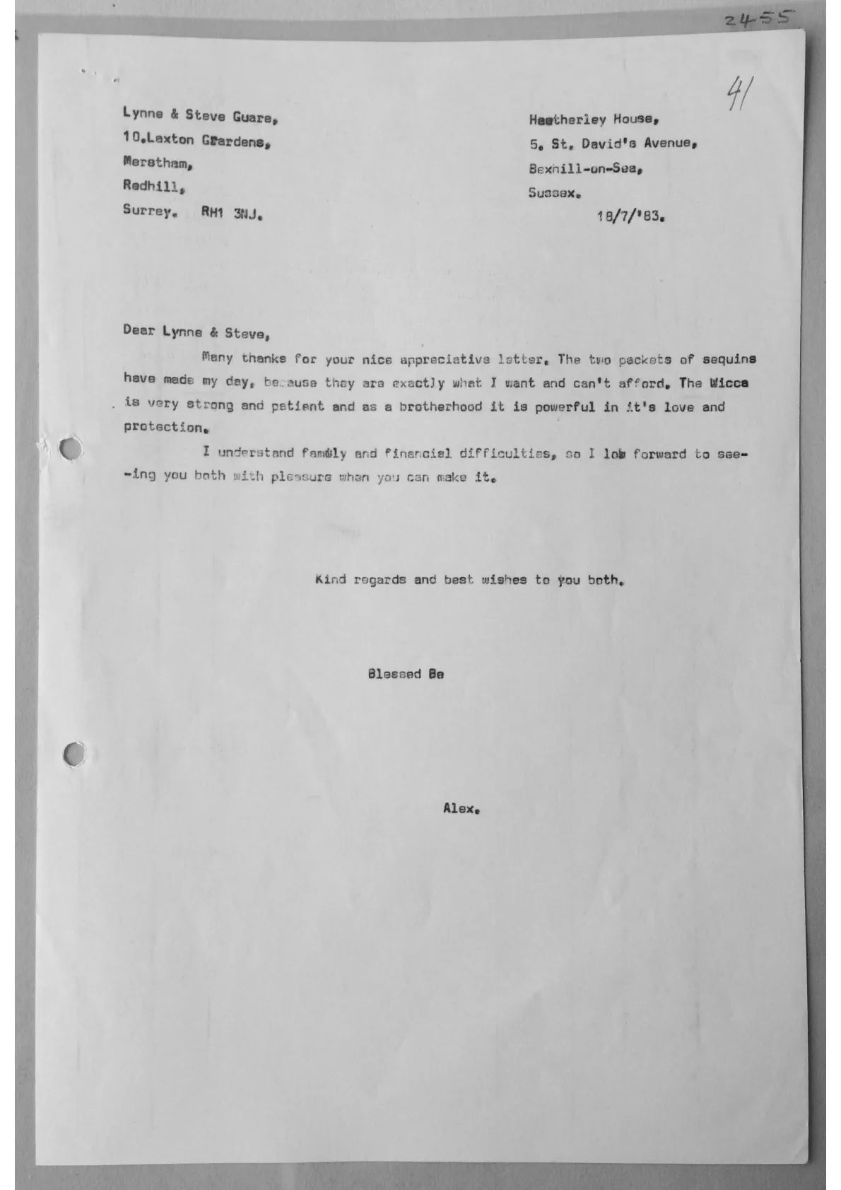 Letter to Lynne & Steve from Alex. Doc 2455