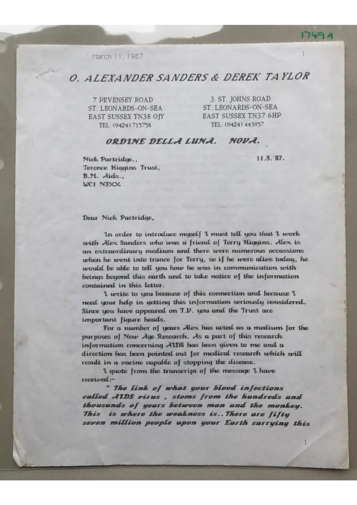 Letter to Nick Partridge from Derek Taylor. Document 1749A-C