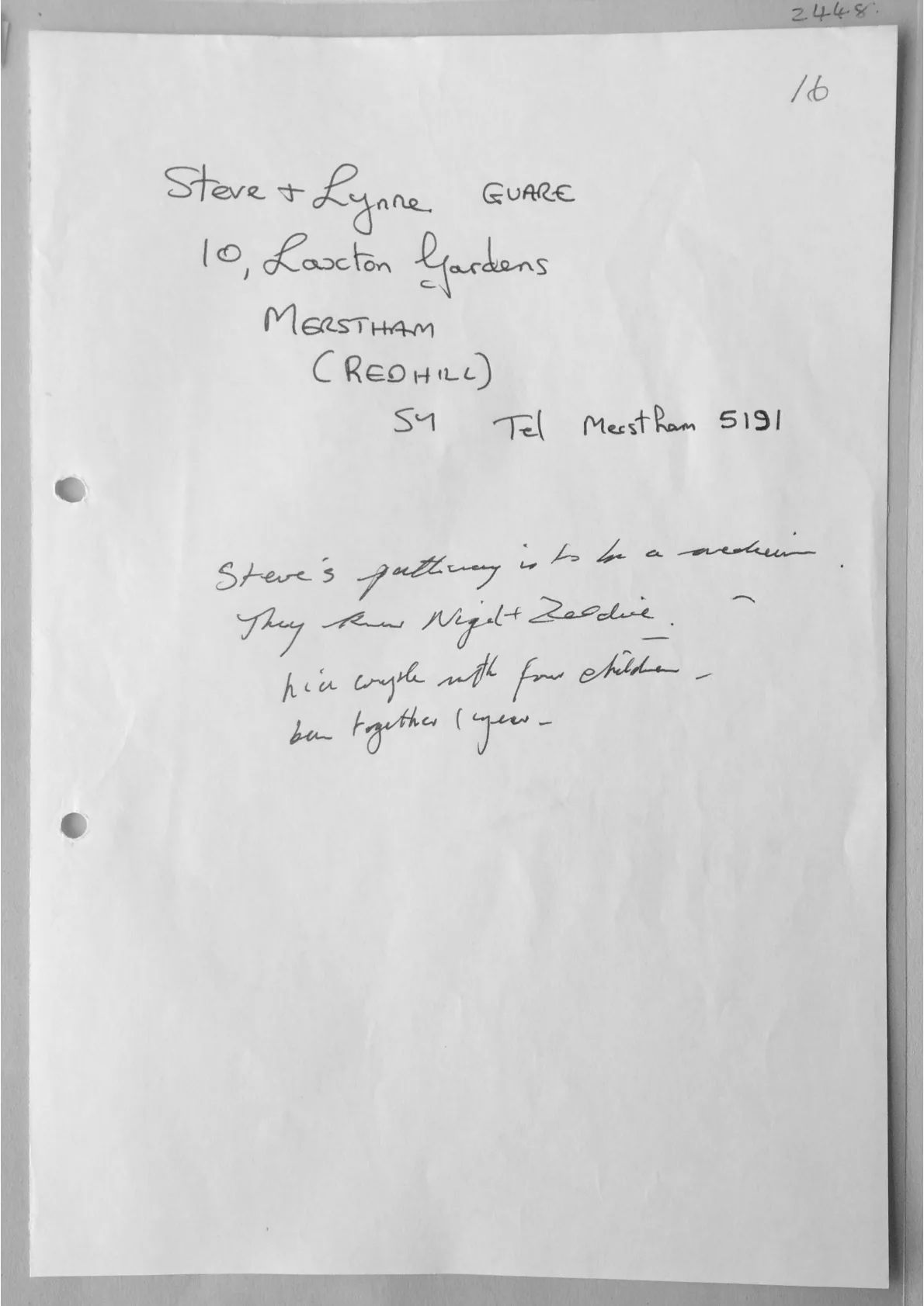 Letter to Steve and Lynne Guare. Doc 2448