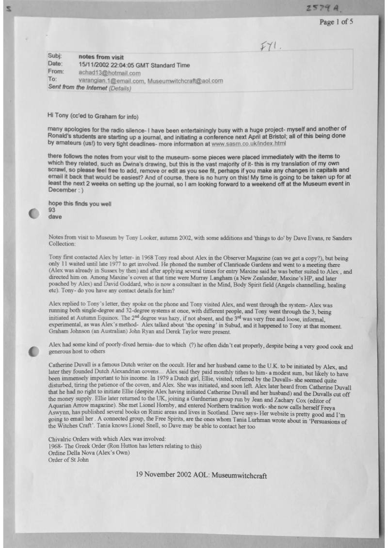 Notes on the visit of Tony Looker to the Museum of Witchcraft. Document 2579a-b-c-d-e