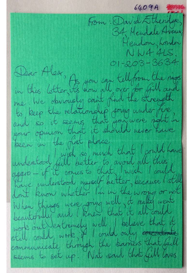 Personal letter from David Etheridge to Alex Sanders