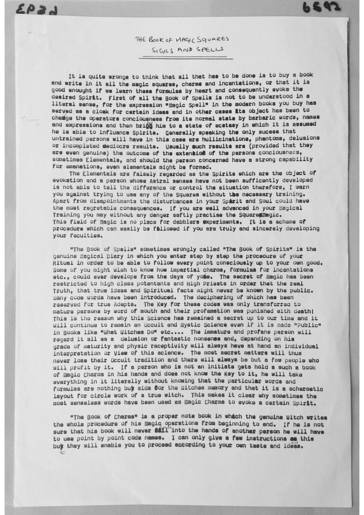 Alex Sanders, "The Book of Magic Squares, Sigils and Spells." Undated lecture typescript, document 6592, 6593