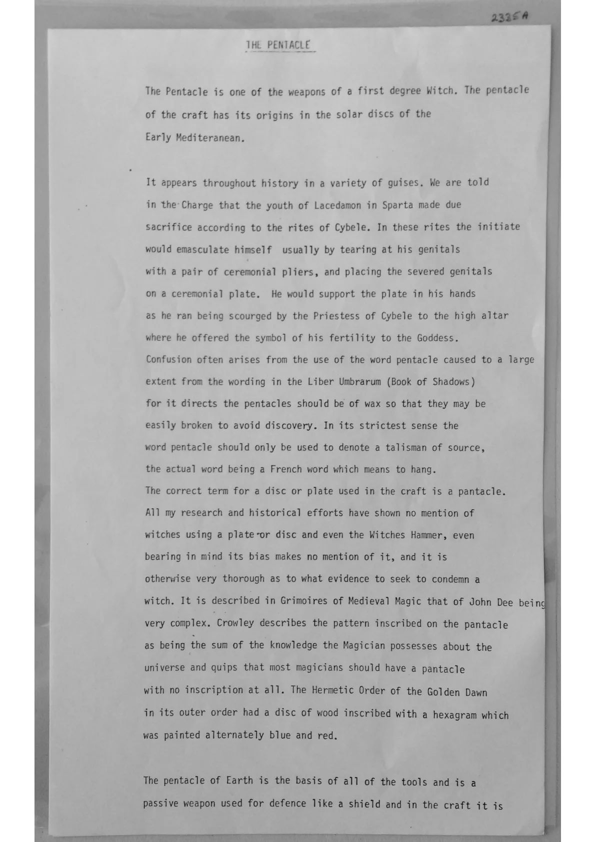 The Pentacle - description and its use, document 2335 a/d