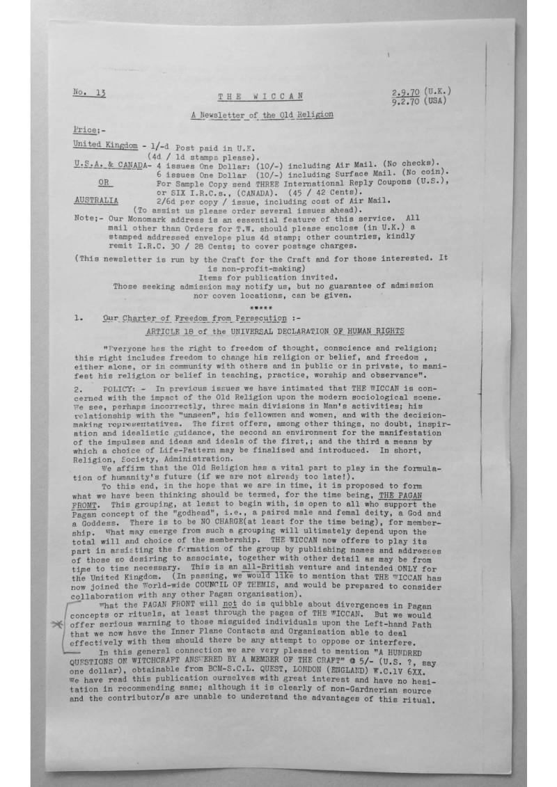 The Wiccan Newsletter no.13, Published in 1970.