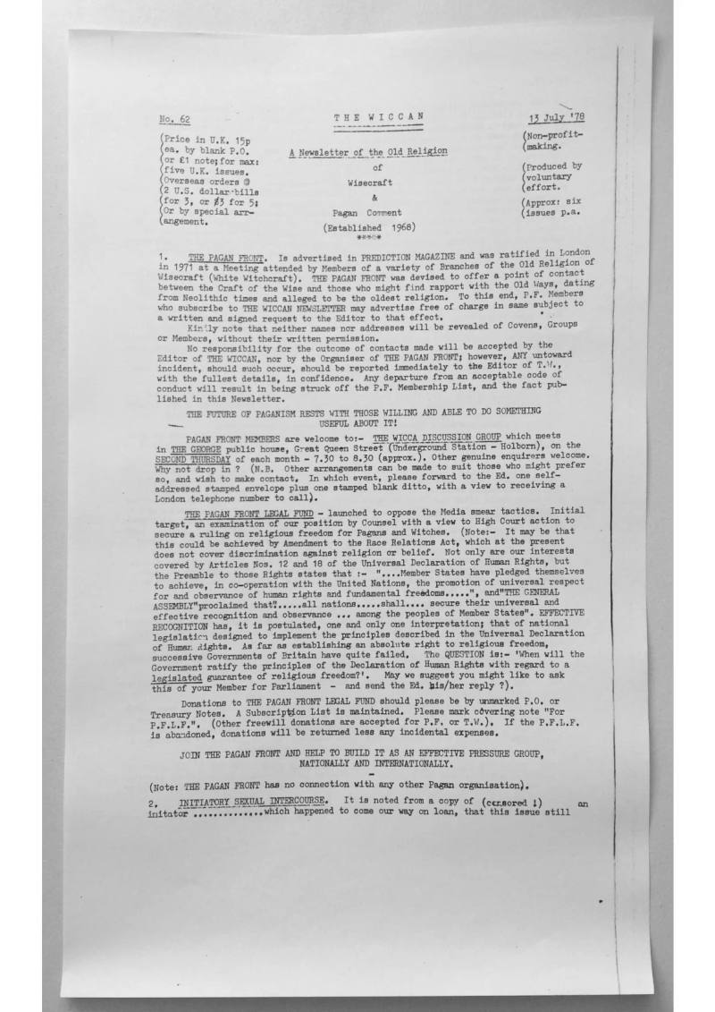 The Wiccan Newsletter no.62, Published in 1978.