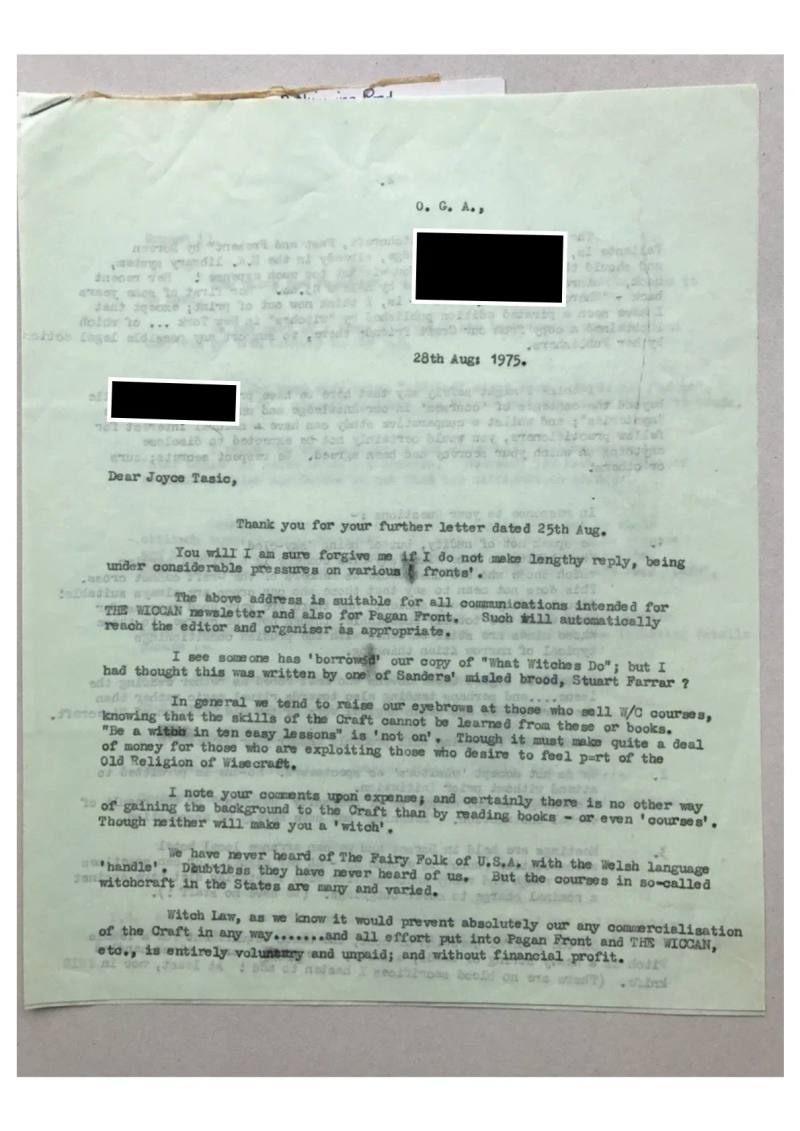 Typed letter from John Score 'M' to Joyce Tasio